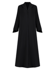 A sleek plain abaya with a collar design, available in black, grey, beige, deep green, and dark brown, crafted for elegance and comfort in sizes 50-60. Includes a complimentary hijab.
