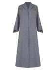 A sleek plain abaya with a collar design, available in black, grey, beige, deep green, and dark brown, crafted for elegance and comfort in sizes 50-60. Includes a complimentary hijab.