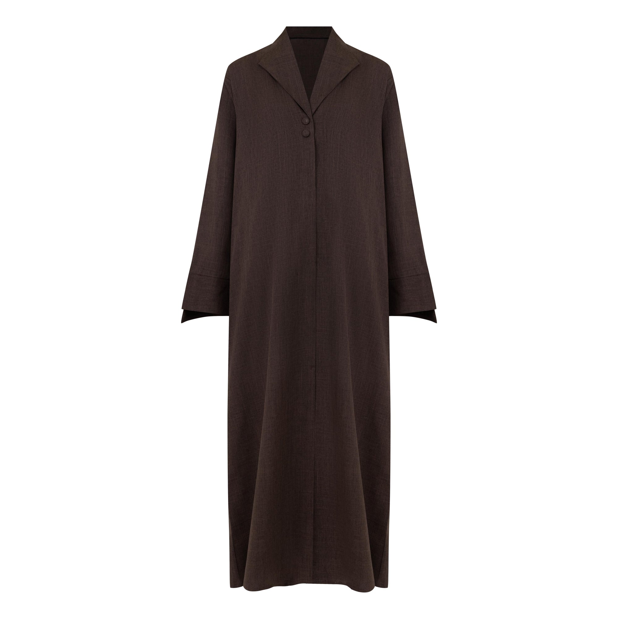 A sleek plain abaya with a collar design, available in black, grey, beige, deep green, and dark brown, crafted for elegance and comfort in sizes 50-60. Includes a complimentary hijab.