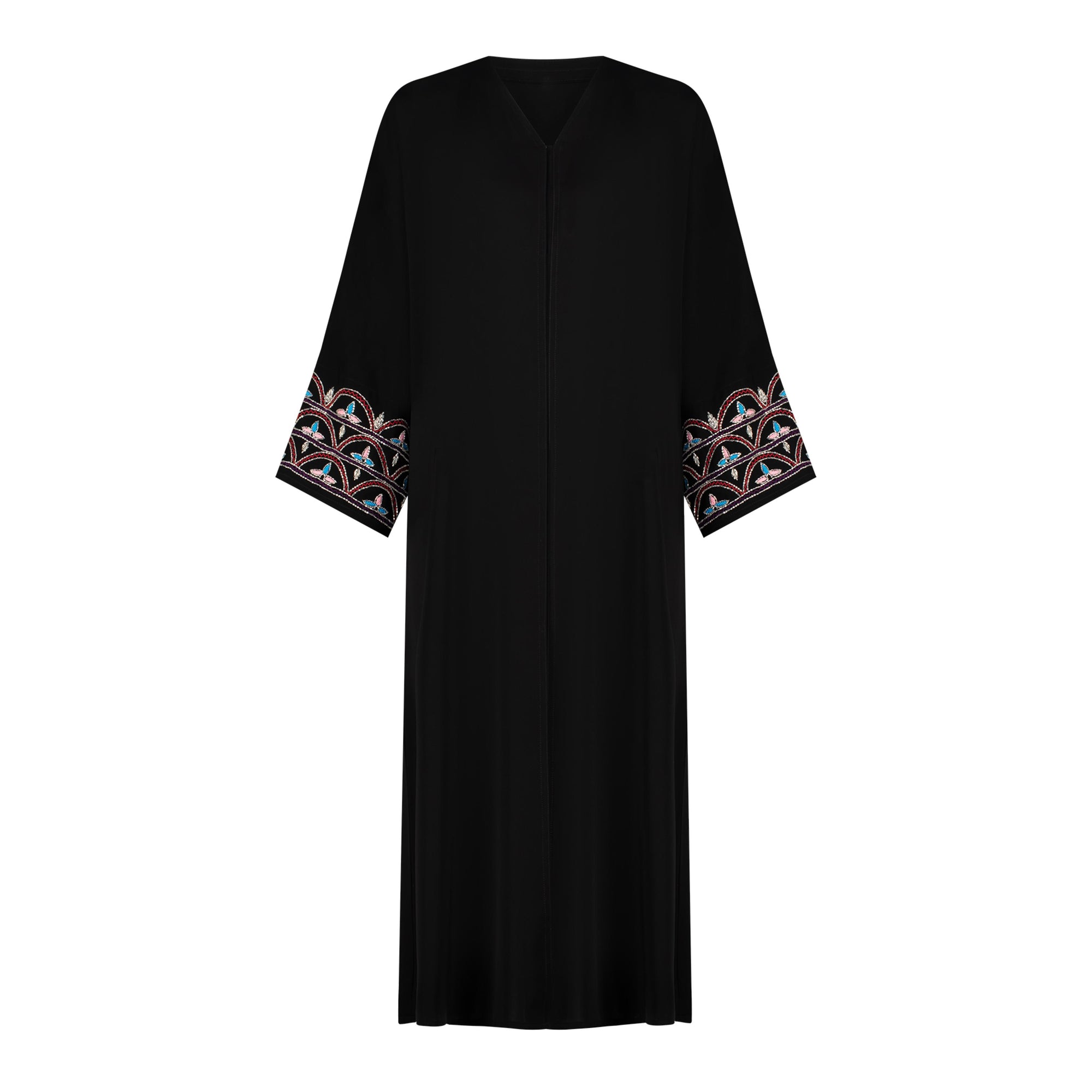 Black Liana Abaya with hand-sewn silver beads in a leaf and embroidery design pattern on the arms. Light pink, blue, and purple threads add color to the embroidery. Comes with a matching black hijab and popper buttons for closure.