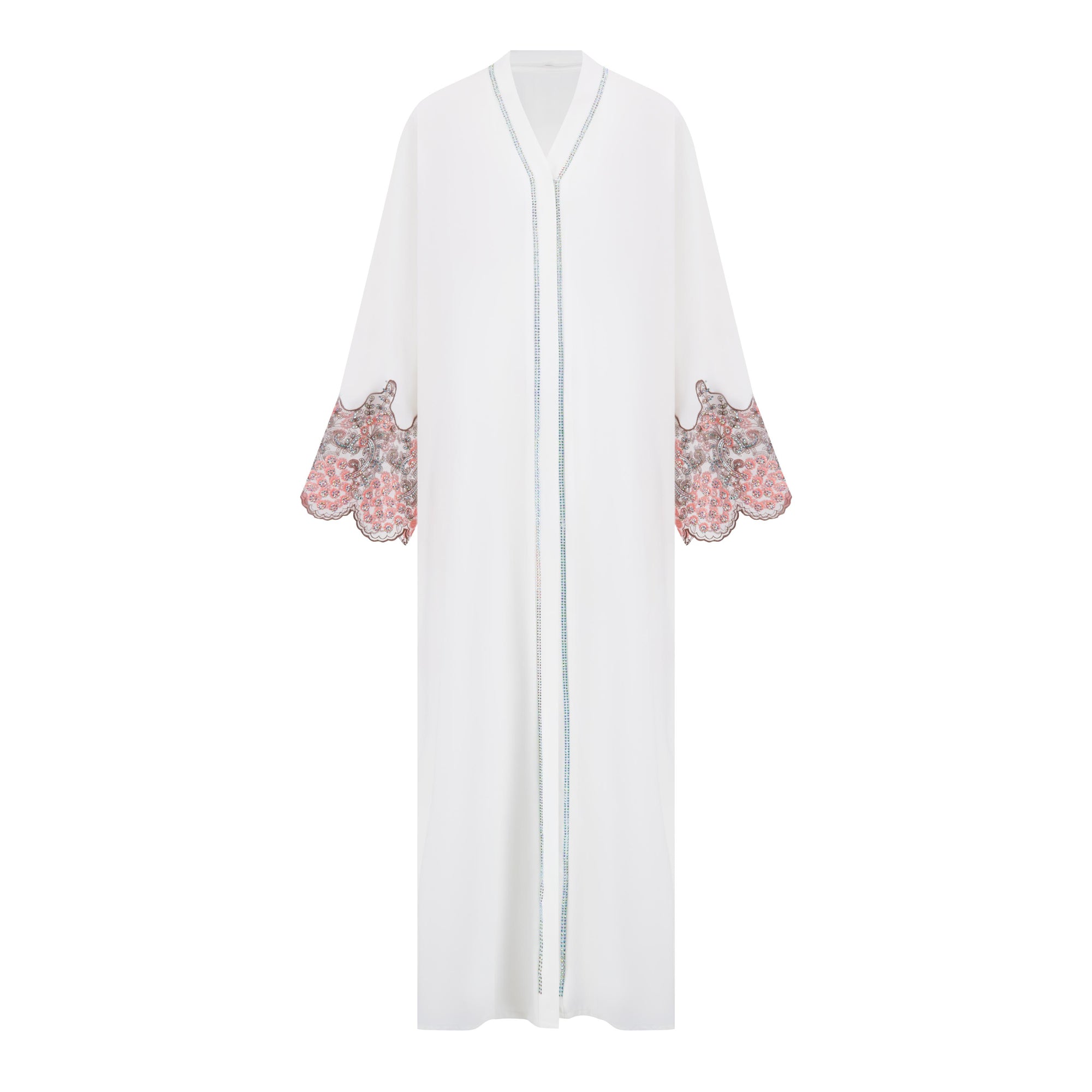 White abaya with silver beadwork and pink and brown embroidery on the sleeves. Made from crepe material with popper buttons, available in sizes 50-60, and includes a matching hijab.