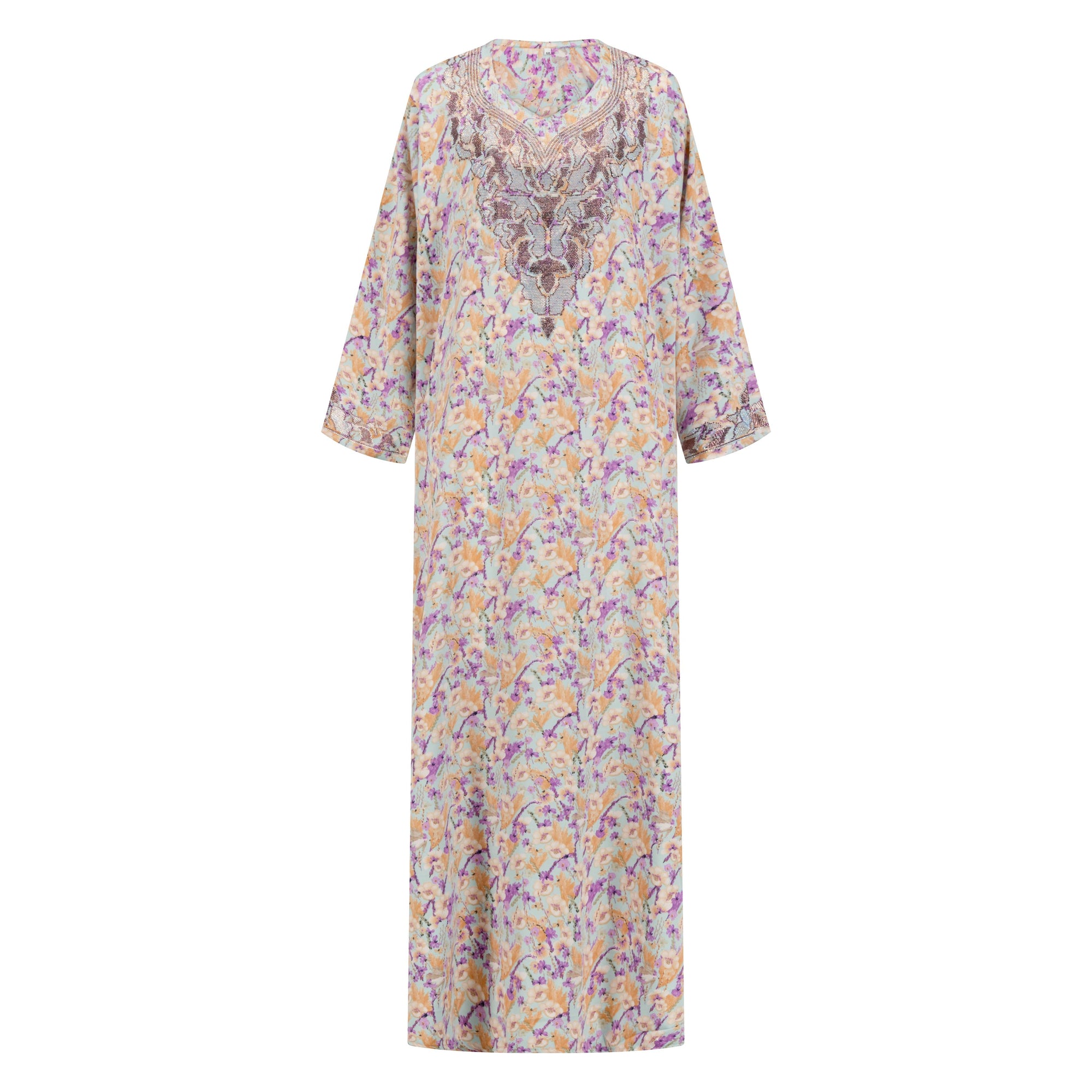 The Mina Mukhawar Dress features floral branch patterns, a satin finish, and comes with a belt in vibrant color options, available in sizes 52-58. Perfect for elegant occasions.
