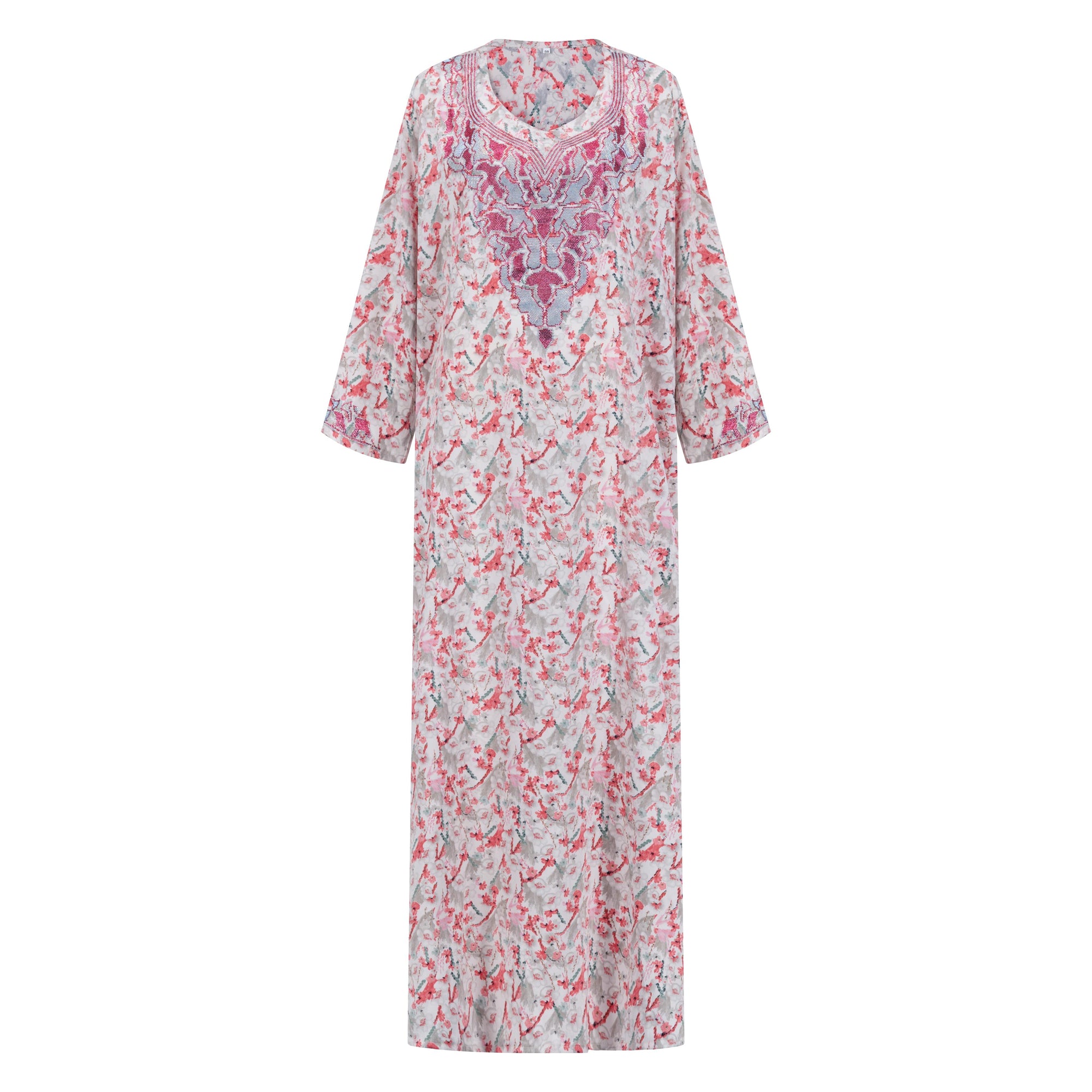 The Mina Mukhawar Dress features floral branch patterns, a satin finish, and comes with a belt in vibrant color options, available in sizes 52-58. Perfect for elegant occasions.