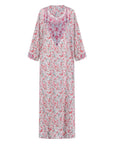The Mina Mukhawar Dress features floral branch patterns, a satin finish, and comes with a belt in vibrant color options, available in sizes 52-58. Perfect for elegant occasions.