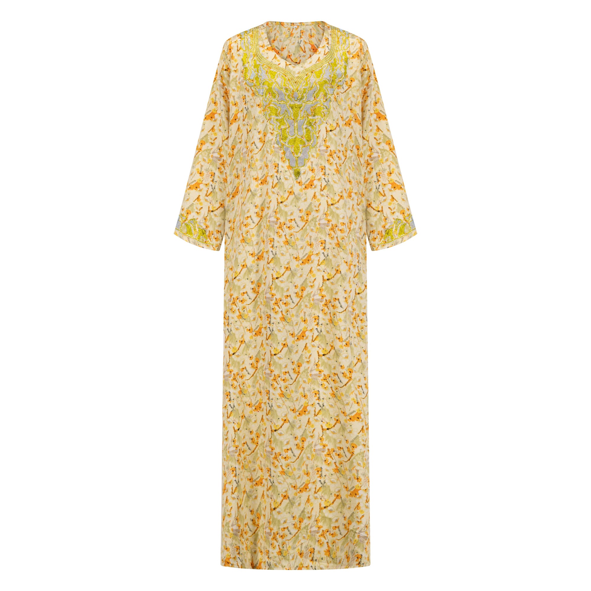 The Mina Mukhawar Dress features floral branch patterns, a satin finish, and comes with a belt in vibrant color options, available in sizes 52-58. Perfect for elegant occasions.