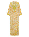 The Mina Mukhawar Dress features floral branch patterns, a satin finish, and comes with a belt in vibrant color options, available in sizes 52-58. Perfect for elegant occasions.