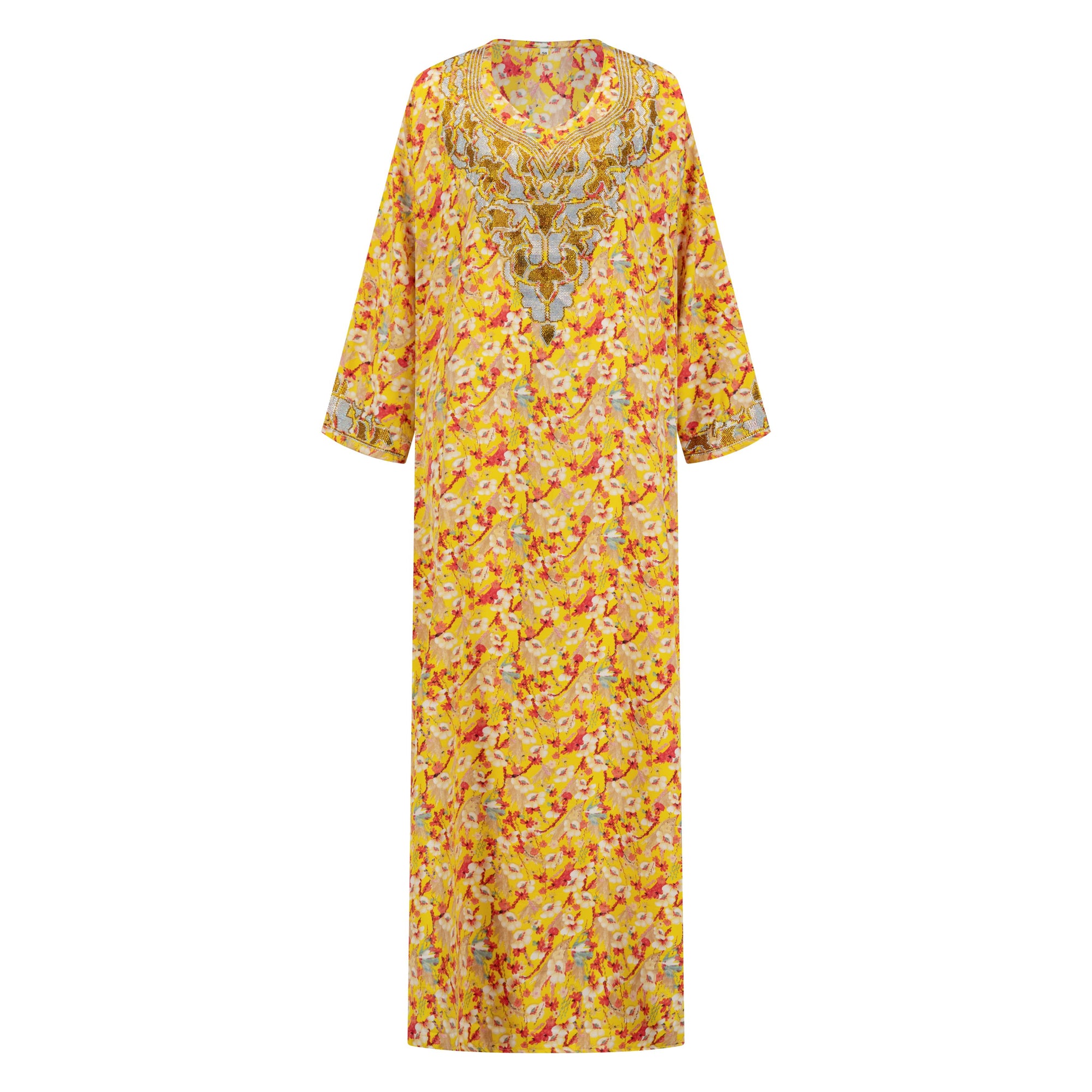 The Mina Mukhawar Dress features floral branch patterns, a satin finish, and comes with a belt in vibrant color options, available in sizes 52-58. Perfect for elegant occasions.