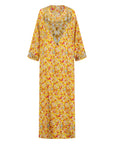 The Mina Mukhawar Dress features floral branch patterns, a satin finish, and comes with a belt in vibrant color options, available in sizes 52-58. Perfect for elegant occasions.