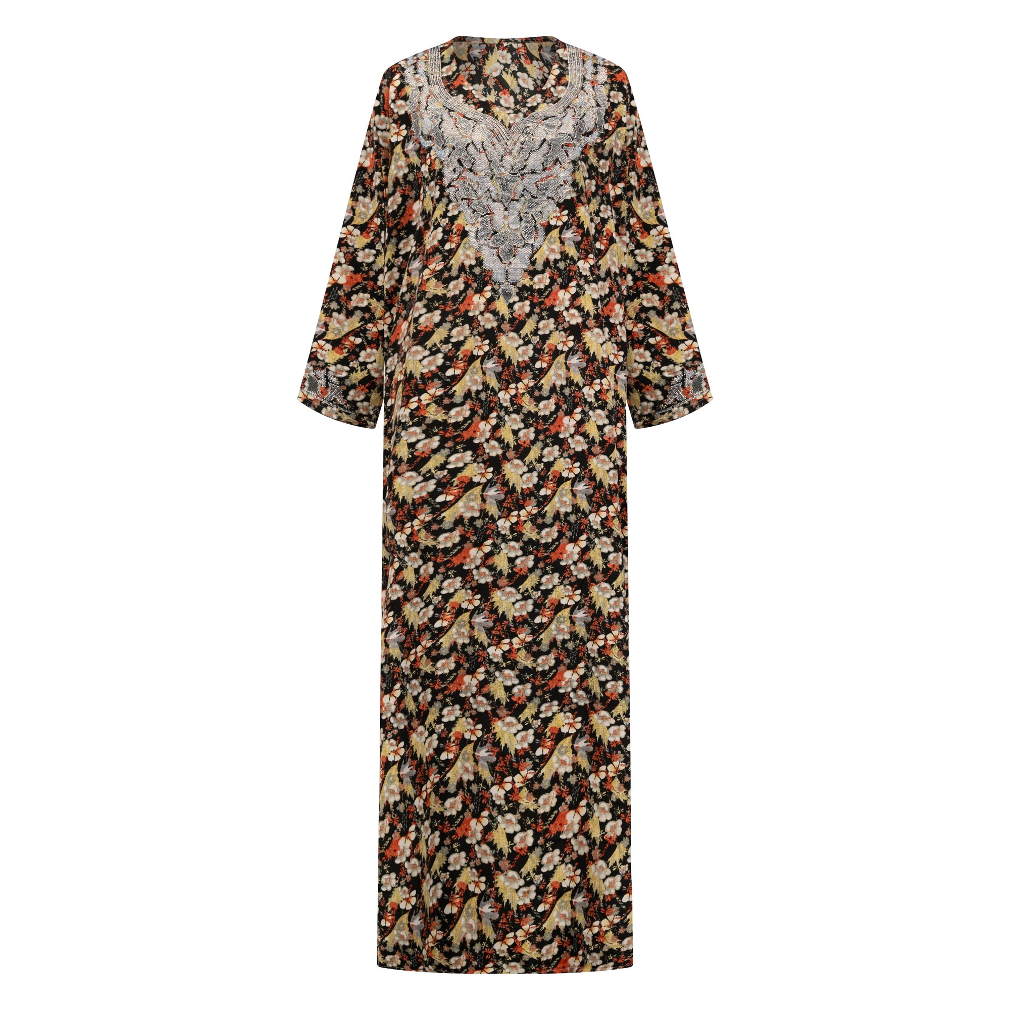 The Mina Mukhawar Dress features floral branch patterns, a satin finish, and comes with a belt in vibrant color options, available in sizes 52-58. Perfect for elegant occasions.