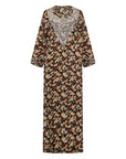 The Mina Mukhawar Dress features floral branch patterns, a satin finish, and comes with a belt in vibrant color options, available in sizes 52-58. Perfect for elegant occasions.