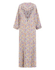 The Mina Mukhawar Dress features floral branch patterns, a satin finish, and comes with a belt in vibrant color options, available in sizes 52-58. Perfect for elegant occasions.