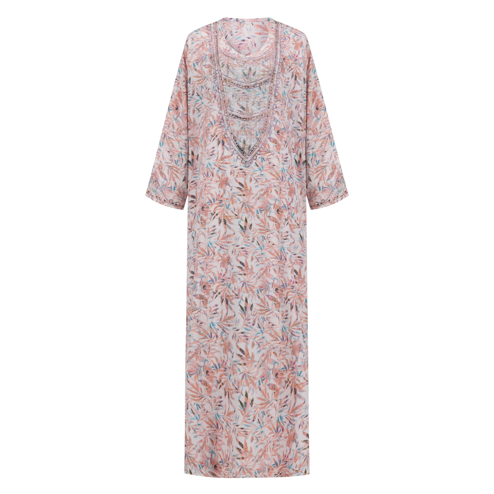 The NIHAL Mukhawar Dress, crafted from 100% satin with a floral pattern and waist-accentuating belt, exudes elegance. Available in five stunning colors and sizes 52–58, it’s perfect for any occasion.