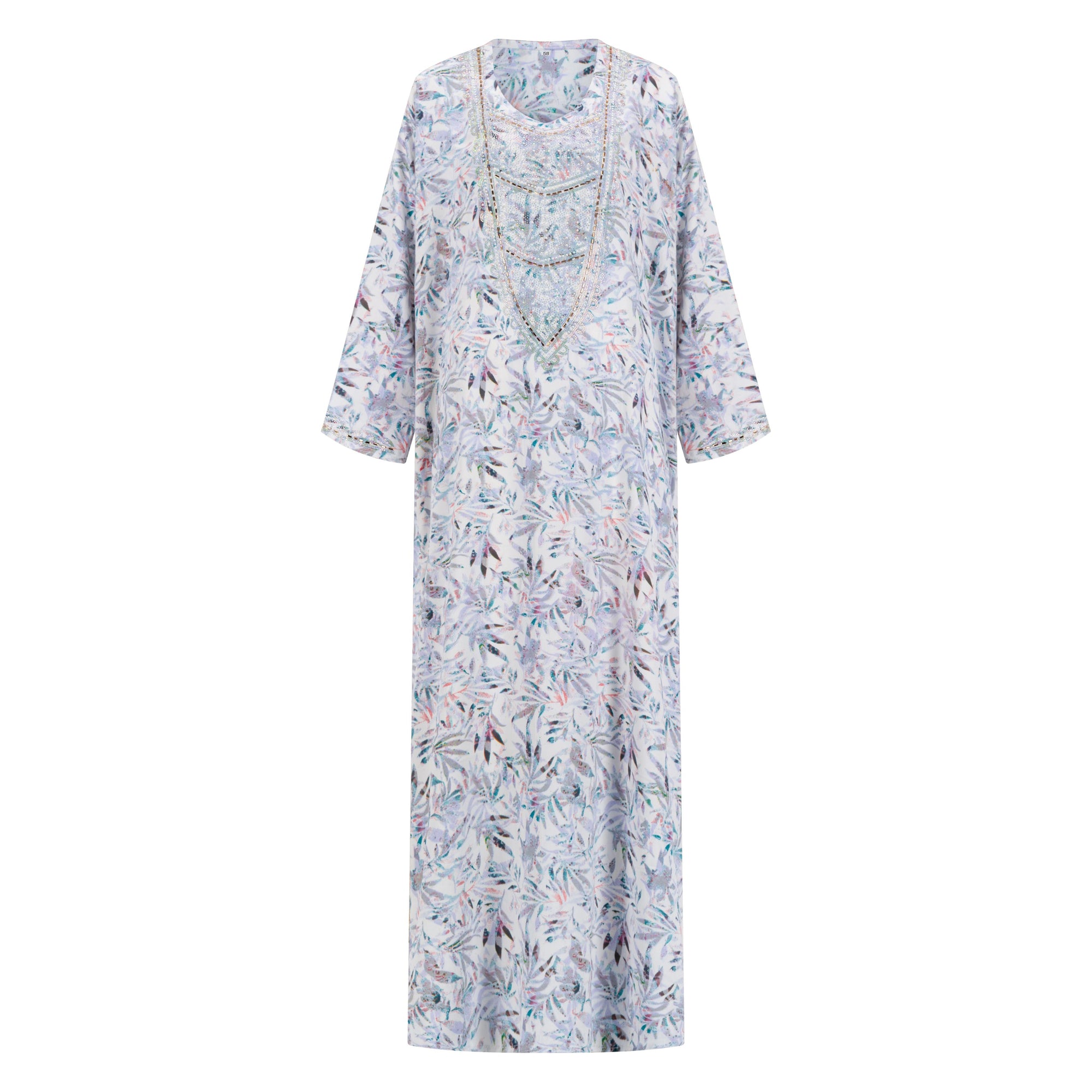 The NIHAL Mukhawar Dress, crafted from 100% satin with a floral pattern and waist-accentuating belt, exudes elegance. Available in five stunning colors and sizes 52–58, it’s perfect for any occasion.