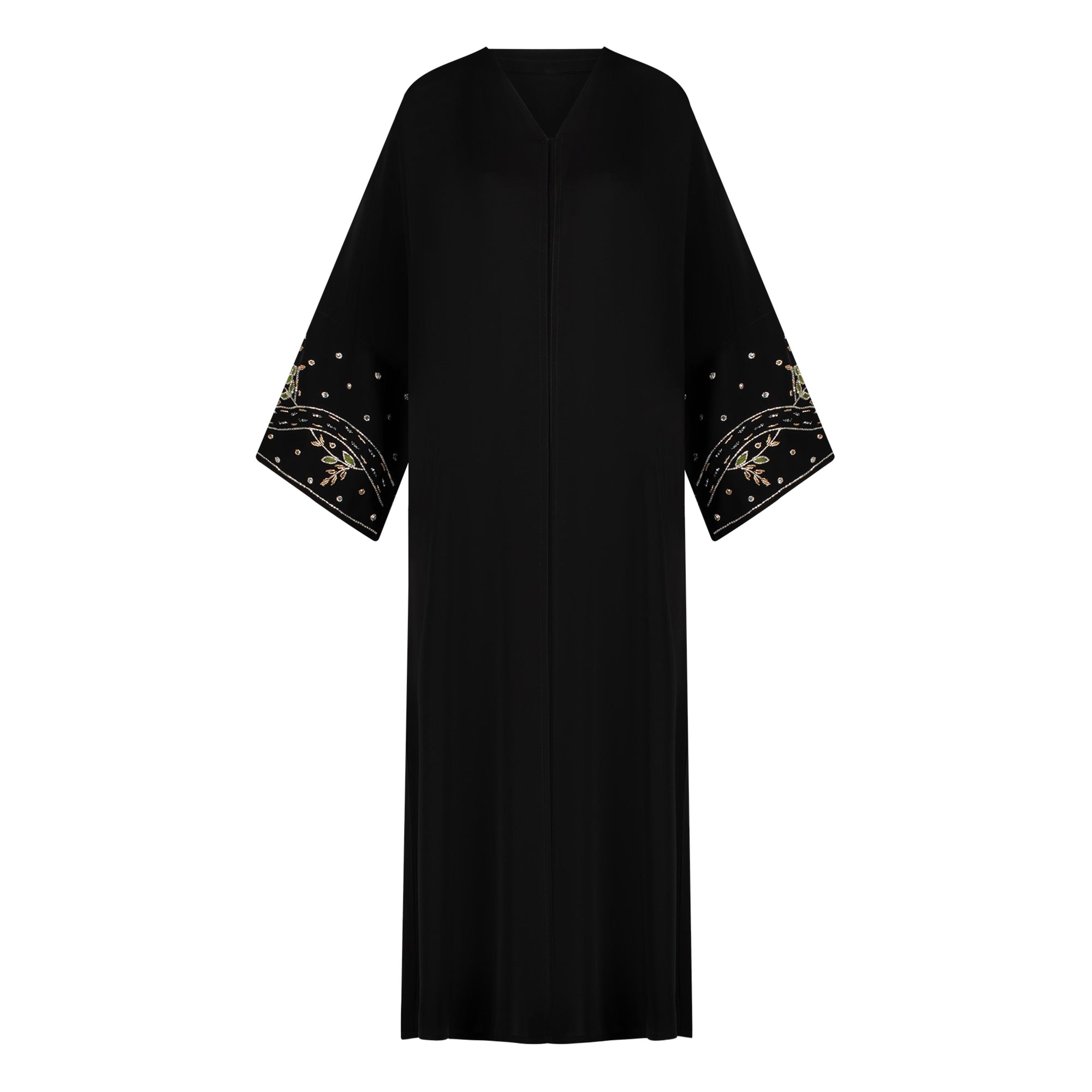 Reema Abaya available in Black, Vanilla, and Chocolate Brown with golden and silver beaded sleeves in a floral and leafy design. Made from crepe fabric with popper buttons, available in sizes 50-60. Includes a matching hijab.