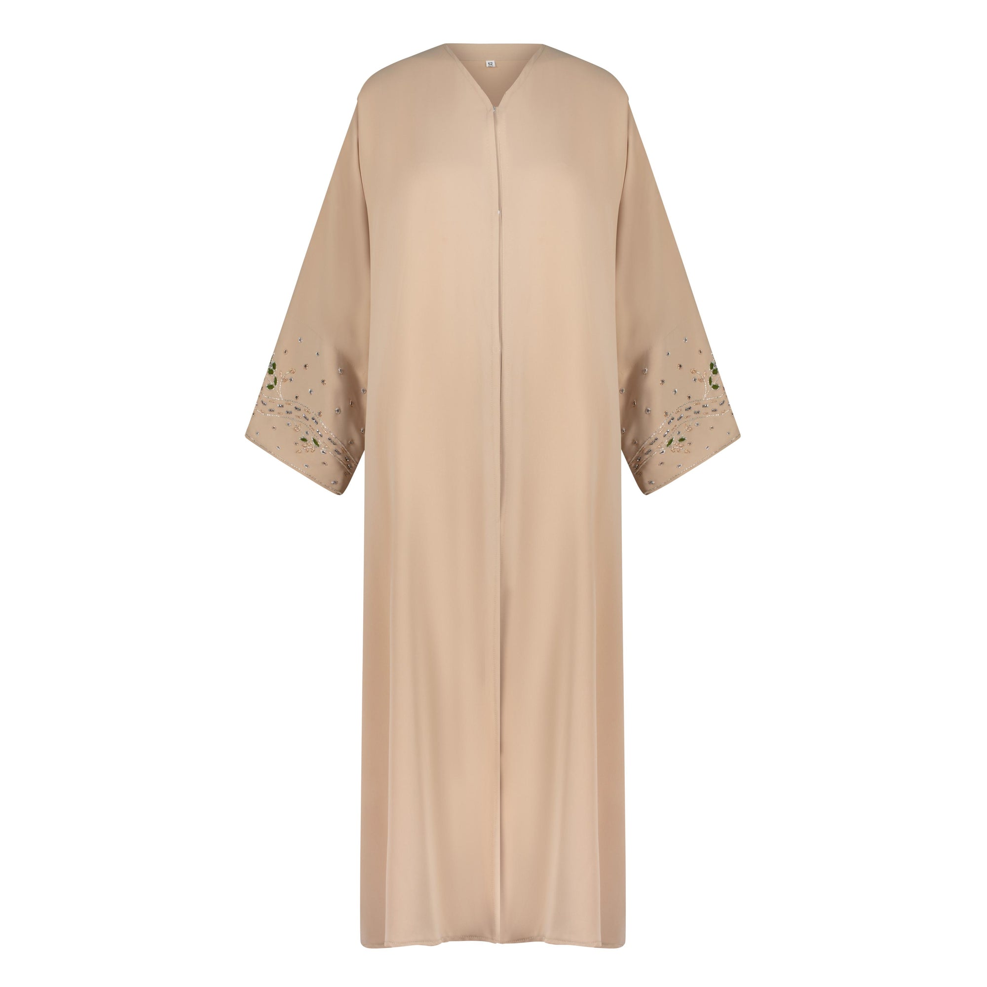 Reema Abaya available in Black, Vanilla, and Chocolate Brown with golden and silver beaded sleeves in a floral and leafy design. Made from crepe fabric with popper buttons, available in sizes 50-60. Includes a matching hijab.