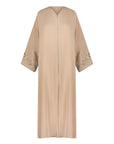 Reema Abaya available in Black, Vanilla, and Chocolate Brown with golden and silver beaded sleeves in a floral and leafy design. Made from crepe fabric with popper buttons, available in sizes 50-60. Includes a matching hijab.