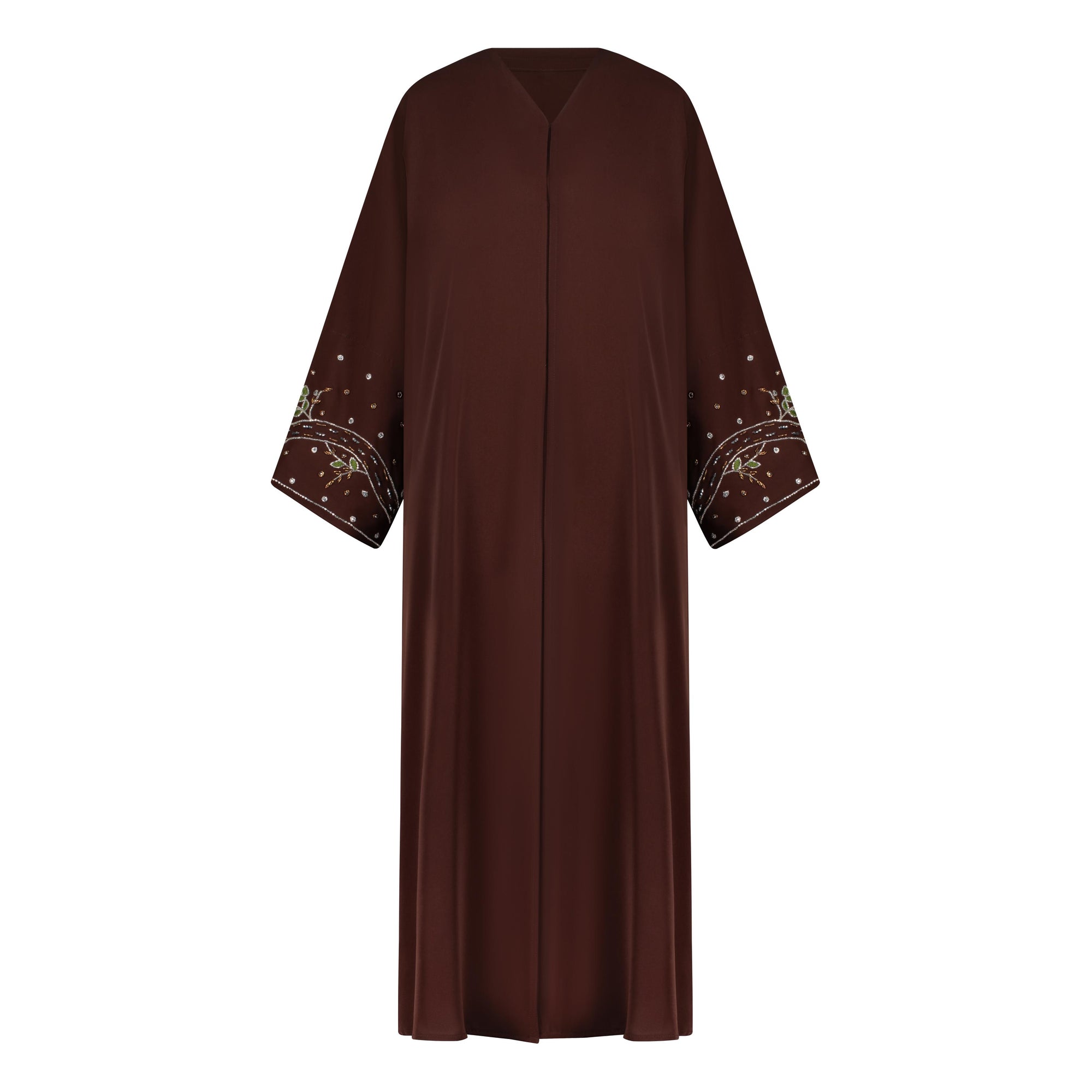 Reema Abaya available in Black, Vanilla, and Chocolate Brown with golden and silver beaded sleeves in a floral and leafy design. Made from crepe fabric with popper buttons, available in sizes 50-60. Includes a matching hijab.