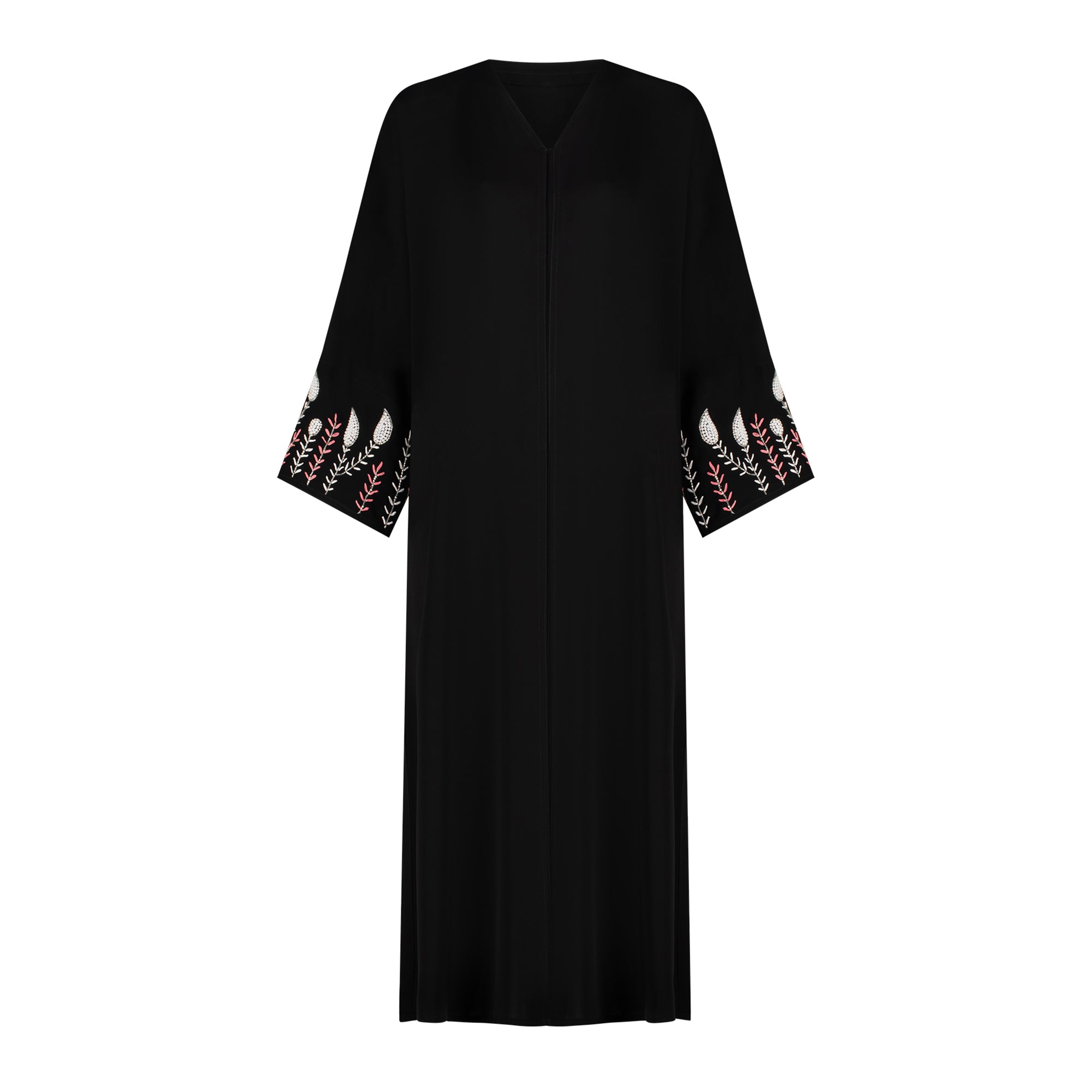 Black abaya with silver and white beadwork, pink and white leaf embroidery, Zoom fabric, popper buttons, matching black hijab, available in sizes 50-60.