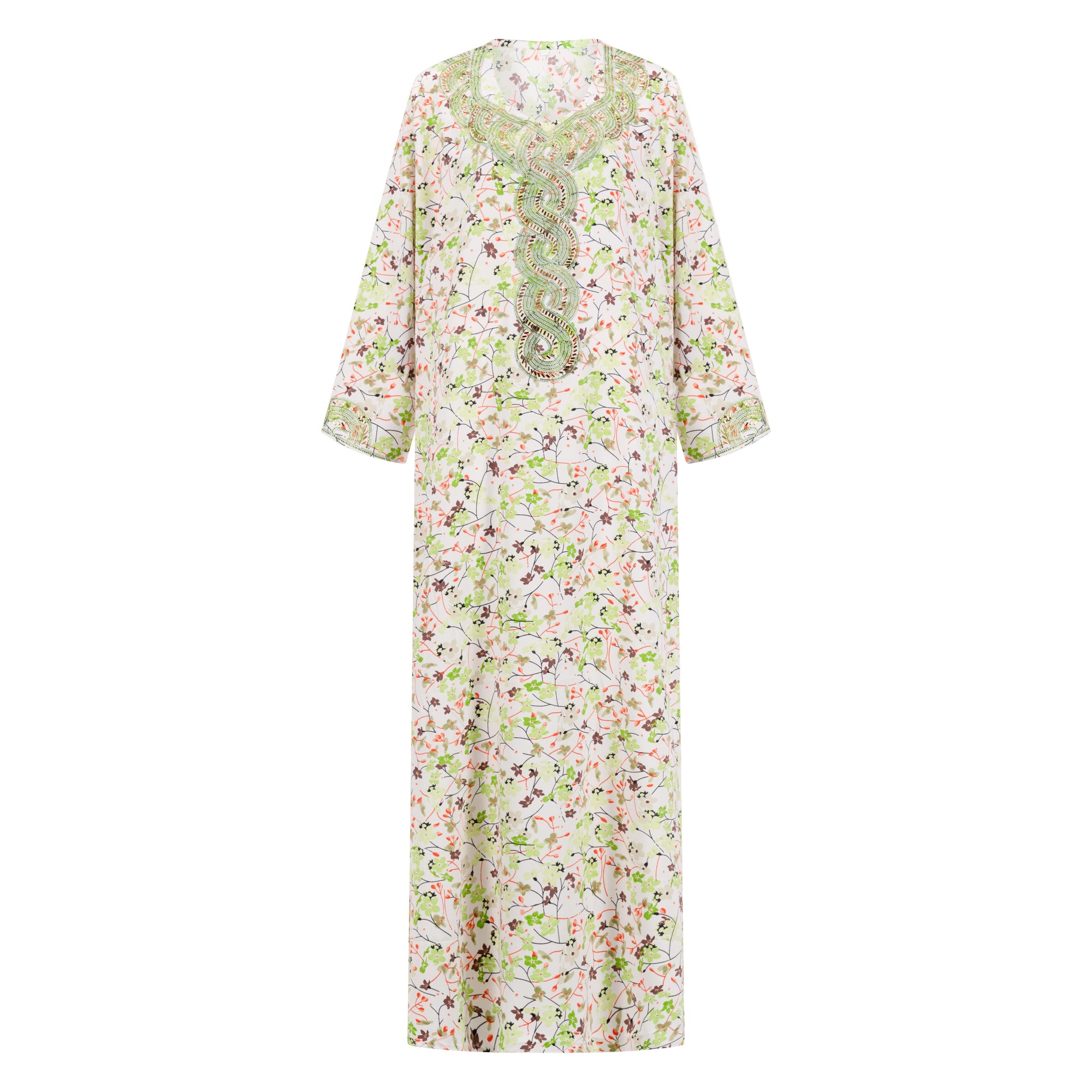 The TALIA Mukhawar Dress features floral and leafy prints with a satin finish, available in vibrant colors and sizes 52-58, perfect for any elegant occasion.