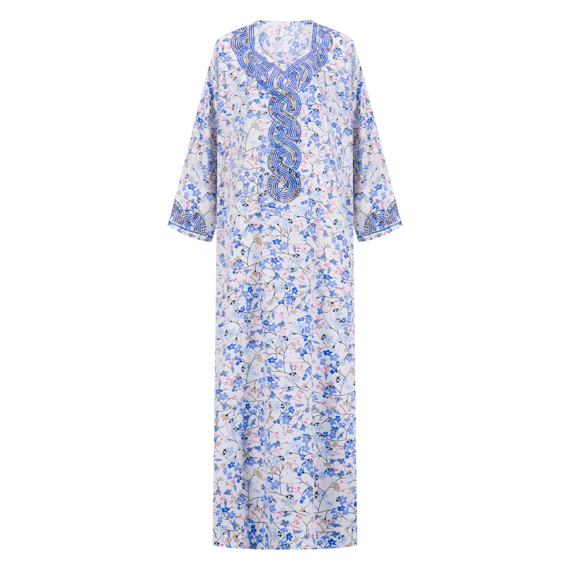 The TALIA Mukhawar Dress features floral and leafy prints with a satin finish, available in vibrant colors and sizes 52-58, perfect for any elegant occasion.