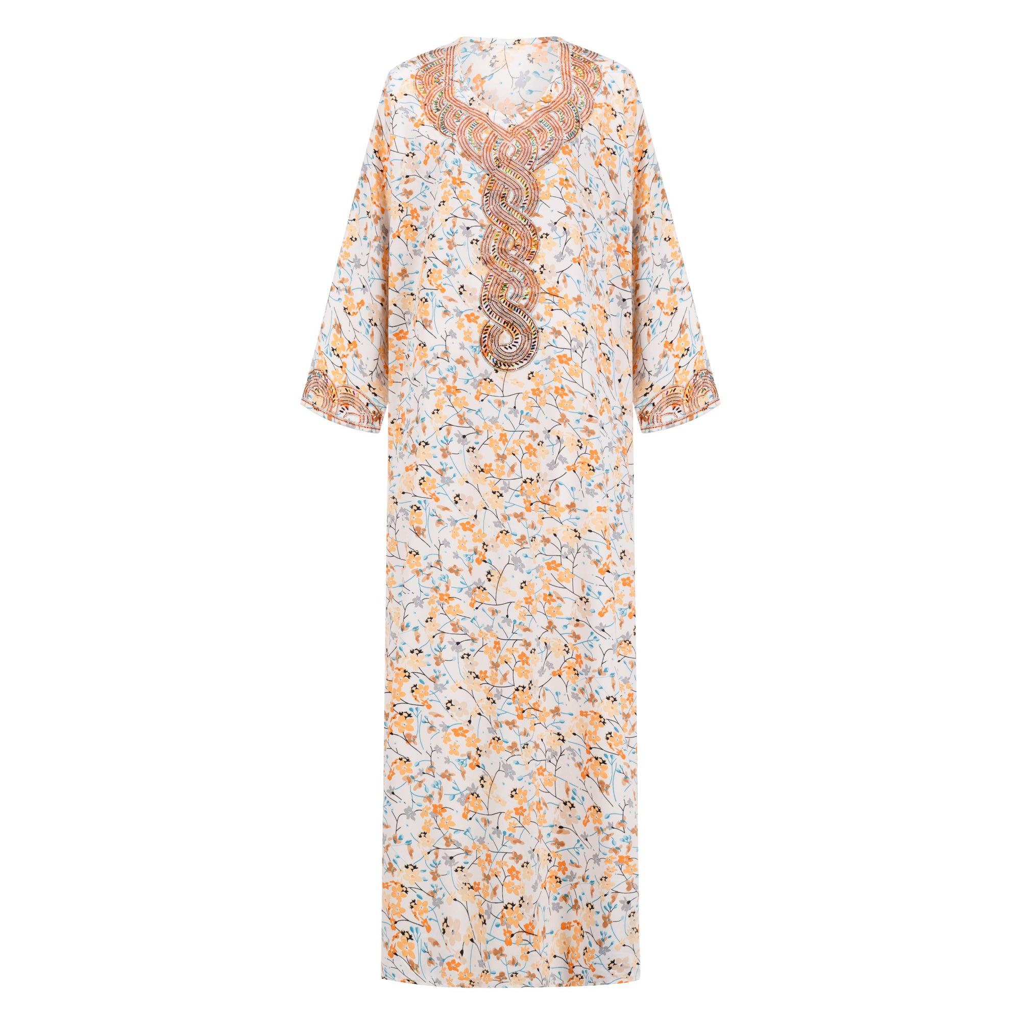 The TALIA Mukhawar Dress features floral and leafy prints with a satin finish, available in vibrant colors and sizes 52-58, perfect for any elegant occasion.