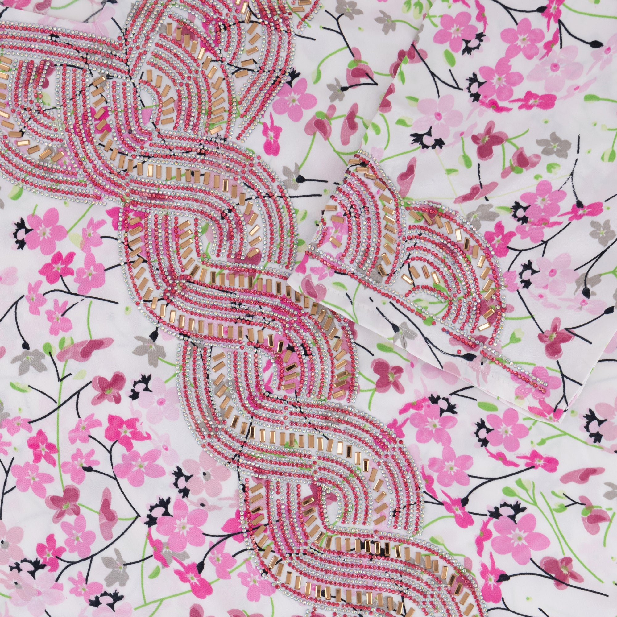 The TALIA Mukhawar Dress features floral and leafy prints with a satin finish, available in vibrant colors and sizes 52-58, perfect for any elegant occasion.