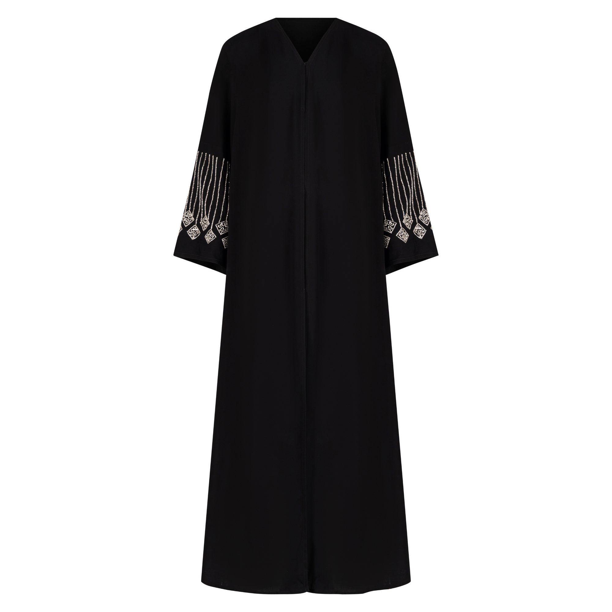 Amelia open abaya with detailed sleeves, available in sizes 52-58. Crafted from soft, flowing fabric, it offers an elegant, modest look for formal occasions, Eid celebrations, and professional events. Comfortable fit and easy-care, hand wash only.